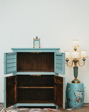 Turquoise Blue Latticework Hand Drawn Cupboard