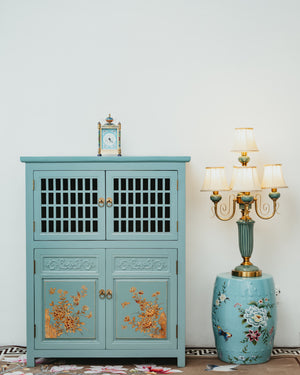 Turquoise Blue Latticework Hand Drawn Cupboard