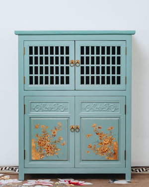 Turquoise Blue Latticework Hand Drawn Cupboard