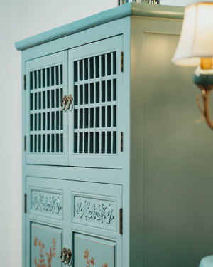 Turquoise Blue Latticework Hand Drawn Cupboard