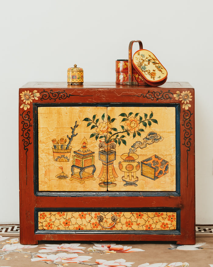 Side Board Drawn In the Motif of Blossoming Peonies
