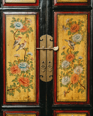 Tall Lacquered Black Cabinet with Yellow Door Panels