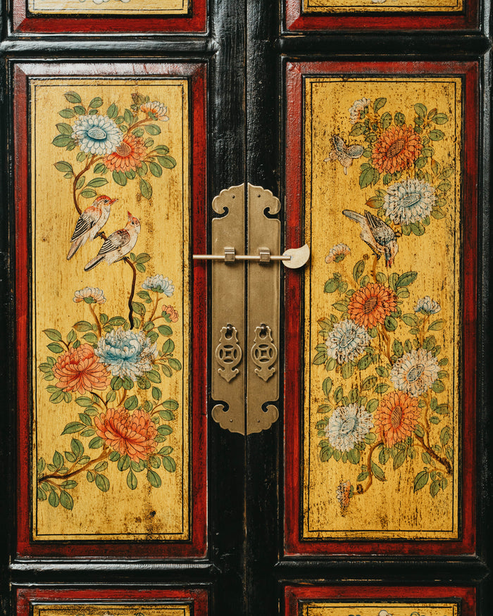 Tall Lacquered Black Cabinet with Yellow Door Panels