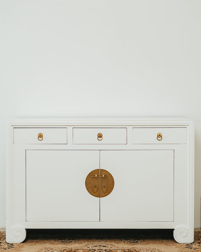 Sleek Scroll Leg Sideboard in White Lacquer