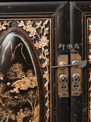 black lacquered hand drawn Teochew cabinet