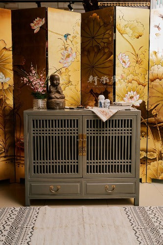 Latticework cabinet in grey lacquer
