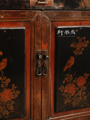 black lacquer trunk cabinet hand drawn in birds and floral motifs