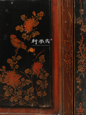 black lacquer trunk cabinet hand drawn in birds and floral motifs