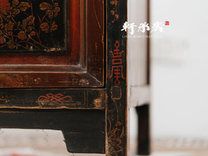 black lacquer trunk cabinet hand drawn in birds and floral motifs
