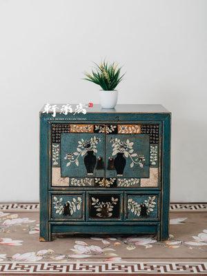 hand drawn side table in rustic finish