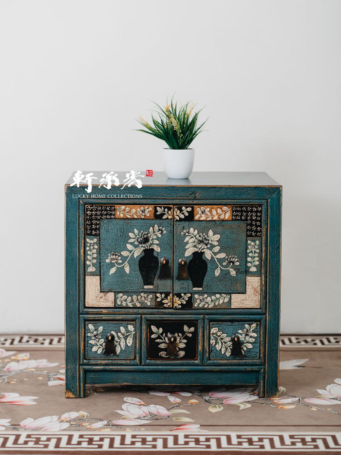 hand drawn side table in rustic finish