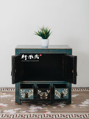 hand drawn side table in rustic finish