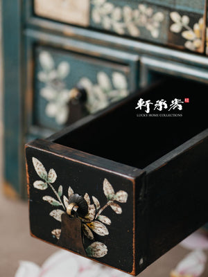 hand drawn side table in rustic finish