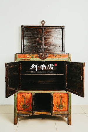 Rare Trunk-Headed Cabinet Hand Drawn in Traditional Auspicious Motifs