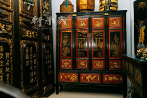 striking broad cabinet hand drawn in floral and figure motifs