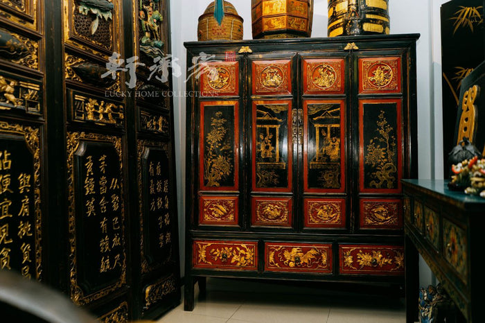 striking broad cabinet hand drawn in floral and figure motifs