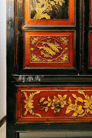 striking broad cabinet hand drawn in floral and figure motifs